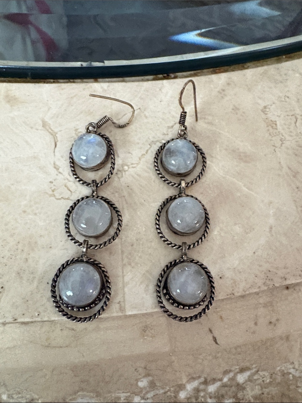 Sterling Silver Moonstone Triple Drop Earrings - White